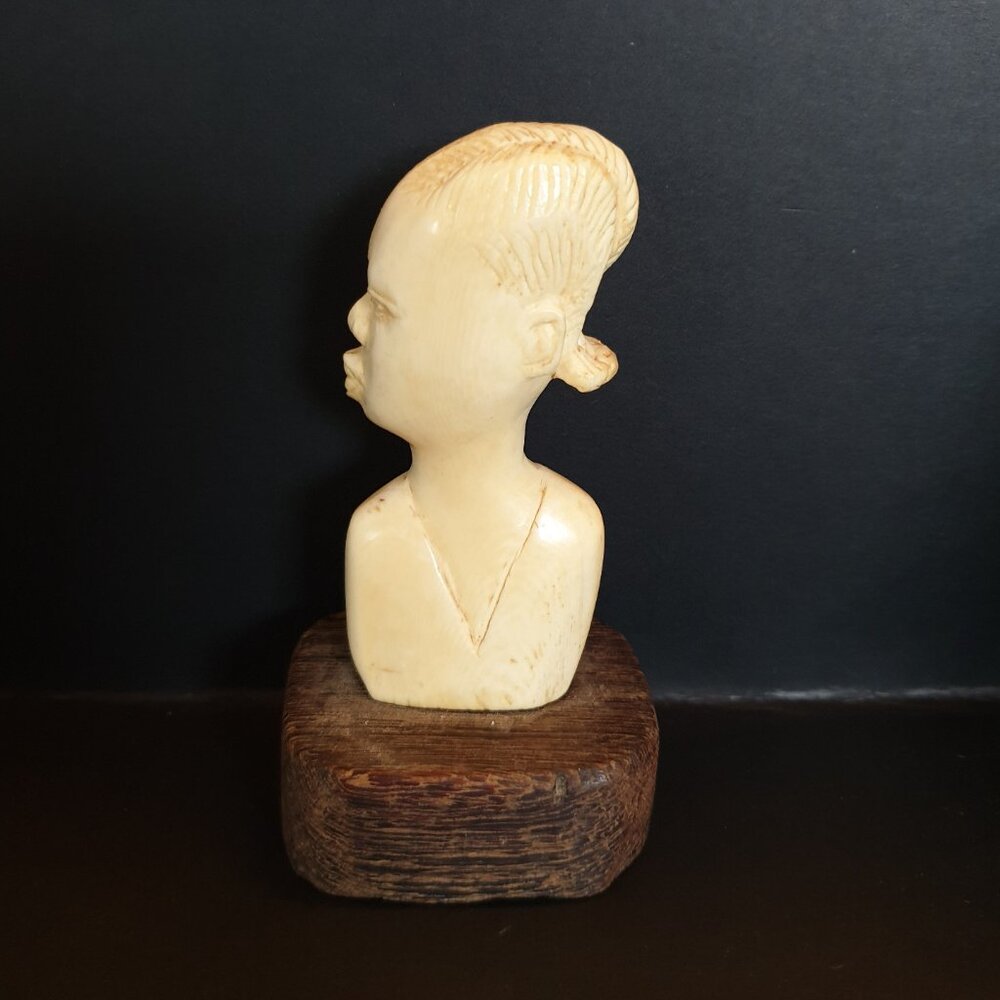 Antique African Hand-Carved Tribal Woman Bust on Wooden Base
